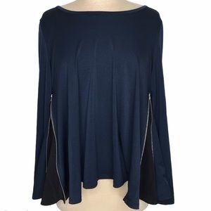 Philosophy Navy With Black Trim Side Zippers Swing Top Blouse